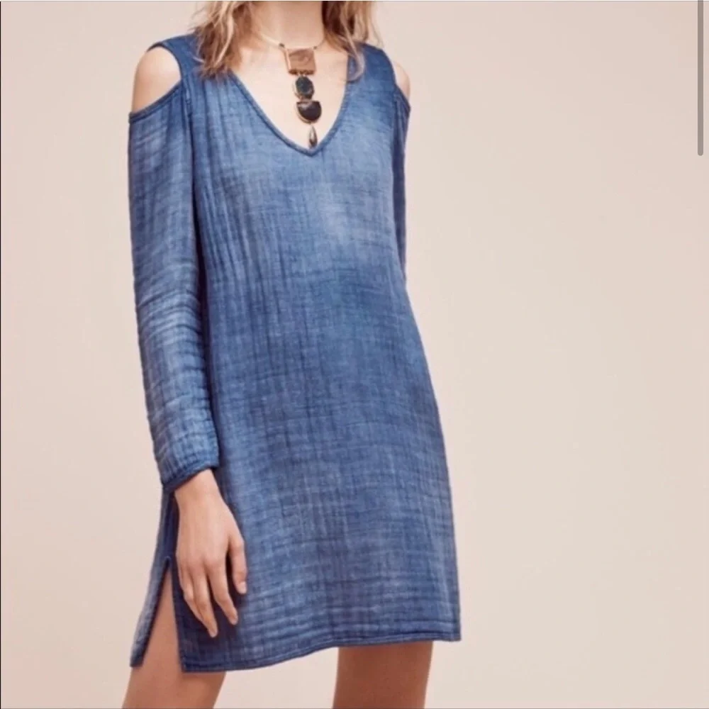 Anthropologie | Cloth & Stone Chambray Cold Shoulder Dress Women's size XS - Picture 2 of 7